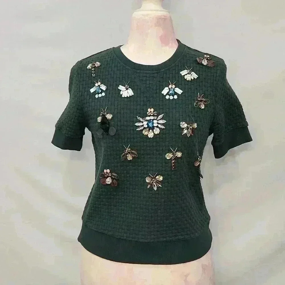 Banana Republic Basketweave Short Sleeve Beaded Top